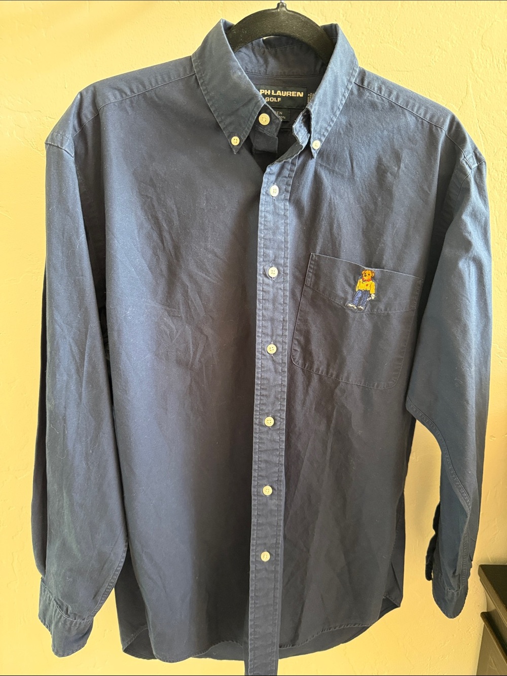 Vintage Ralph Lauren Golf navy cotton button up, embroidered bear. Small